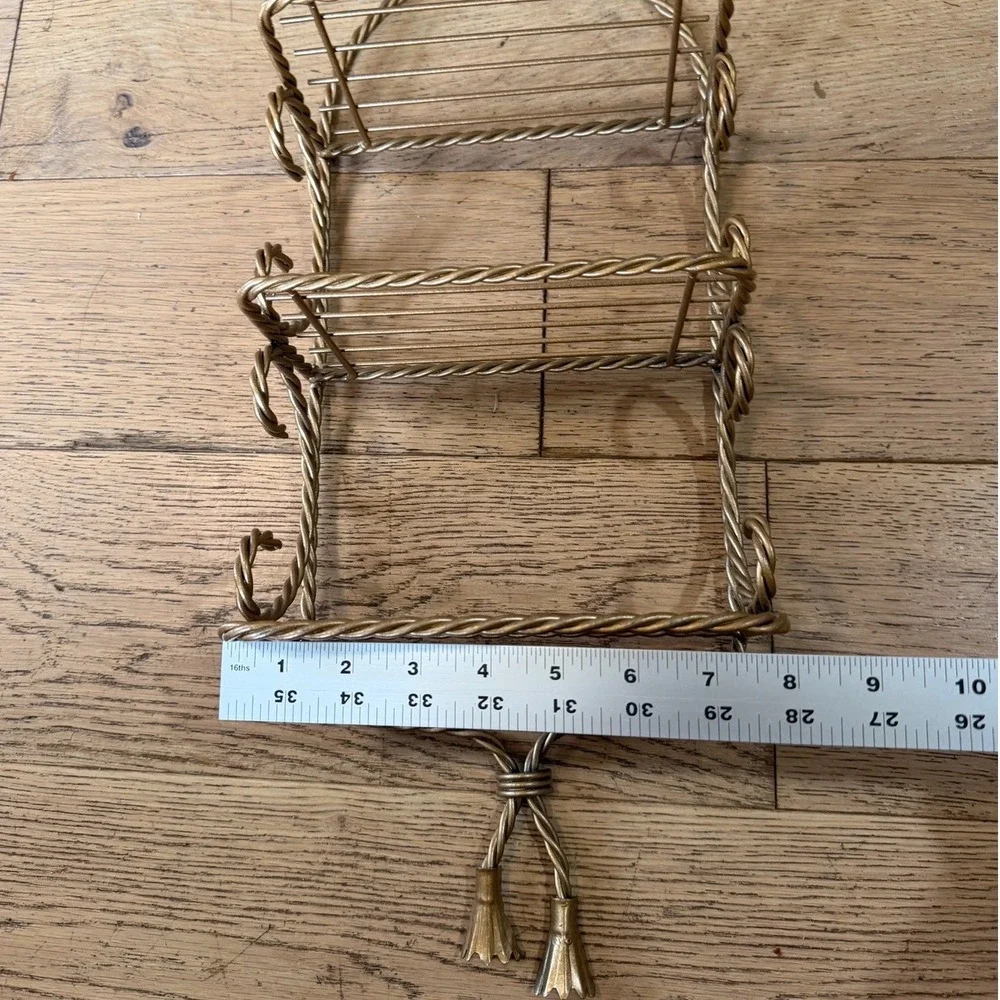 Vintage 3-Tier Wire Wall Shelf Gold Tone MCM Twisted Rope Tassels Ornate